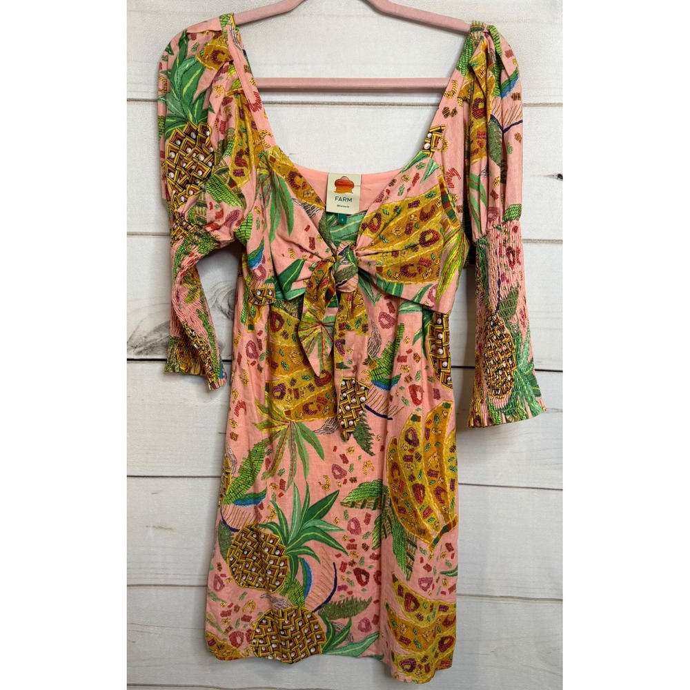 Farm Rio Pink Tropical Pineapple Banana Fruit Print Tie Front Mini Dress S‎